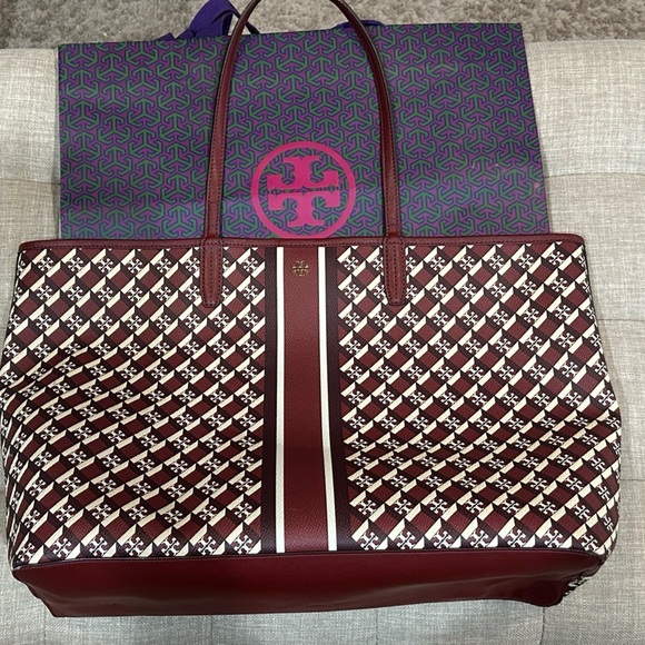 Tory Burch Geo Logo Tote with Stripe - Crimson Red - See Pics for Condition - Picture 1 of 13